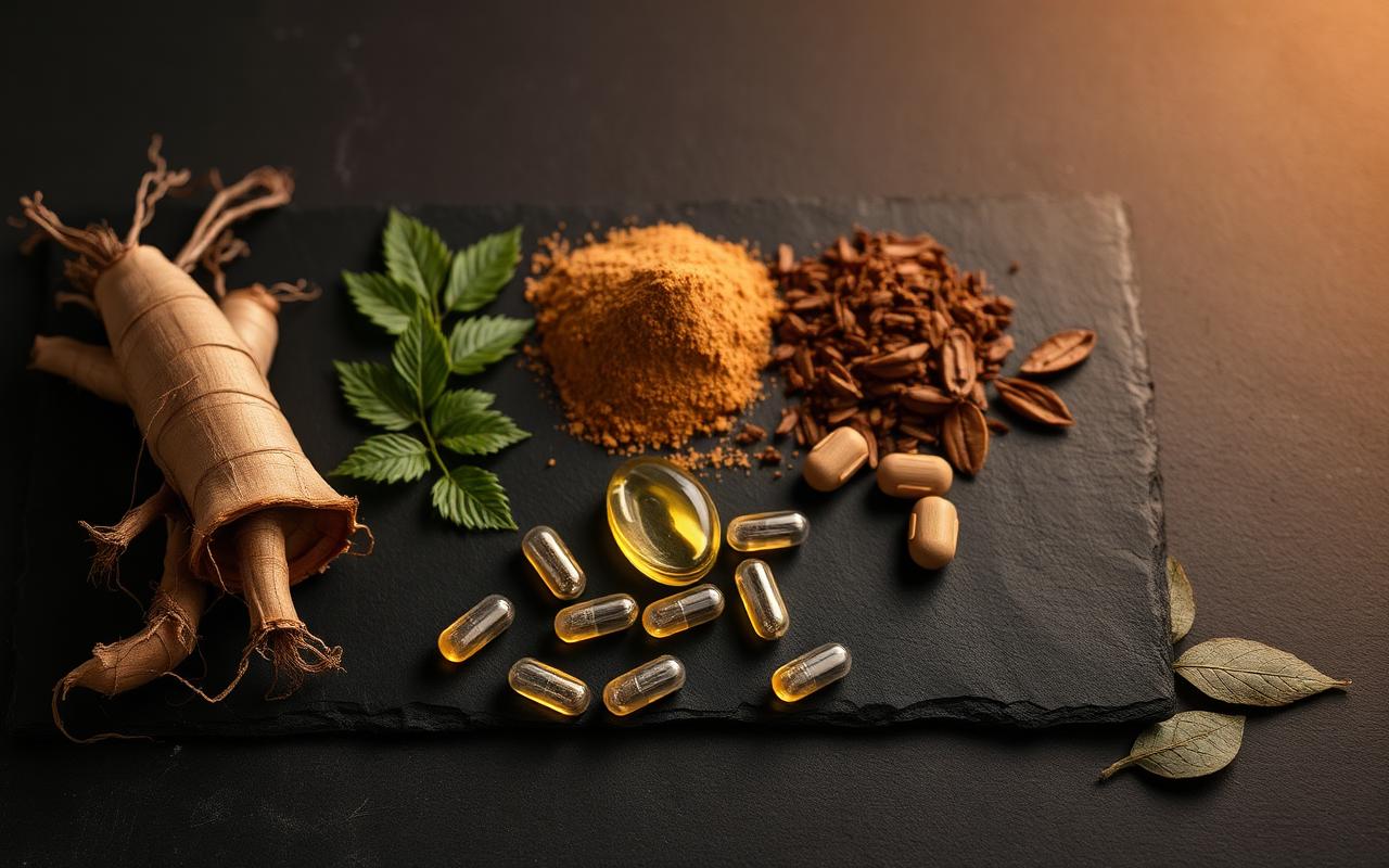 Natural supplement ingredients including ginseng root, maca powder and capsules arranged on dark slate