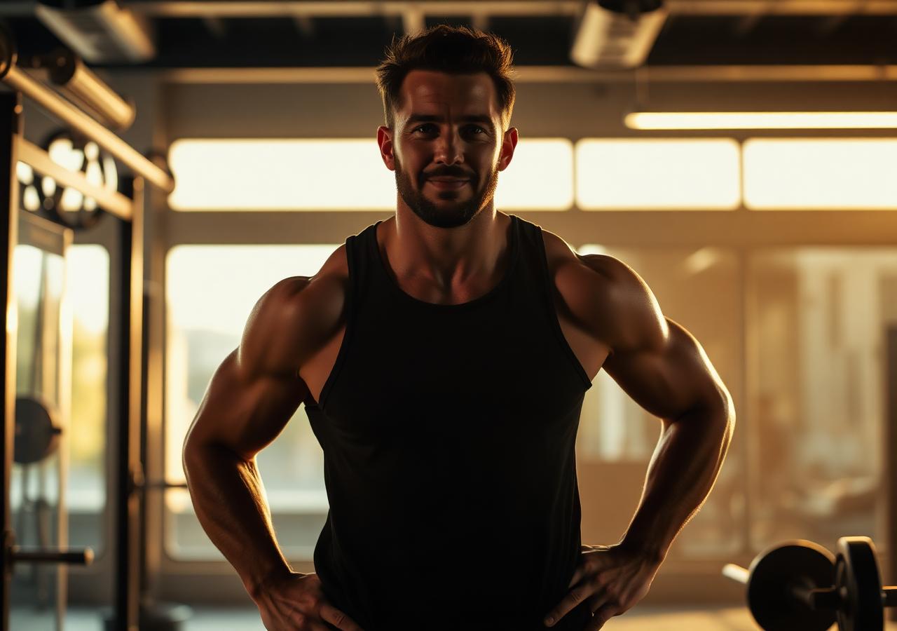 Man in his forties standing confidently in a gym at sunrise